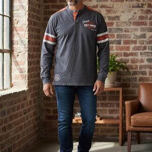 Harley-Davidson Charcoal Long-Sleeve Henley with Orange and White Stripes
